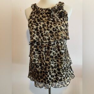 BCX Womens Animal Print Tank Top, Size Large, Tiered, Sheer, Black/Tan/Gold